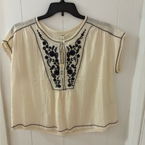 Max Studio Cream Embroidered Bib Collar Blouse
